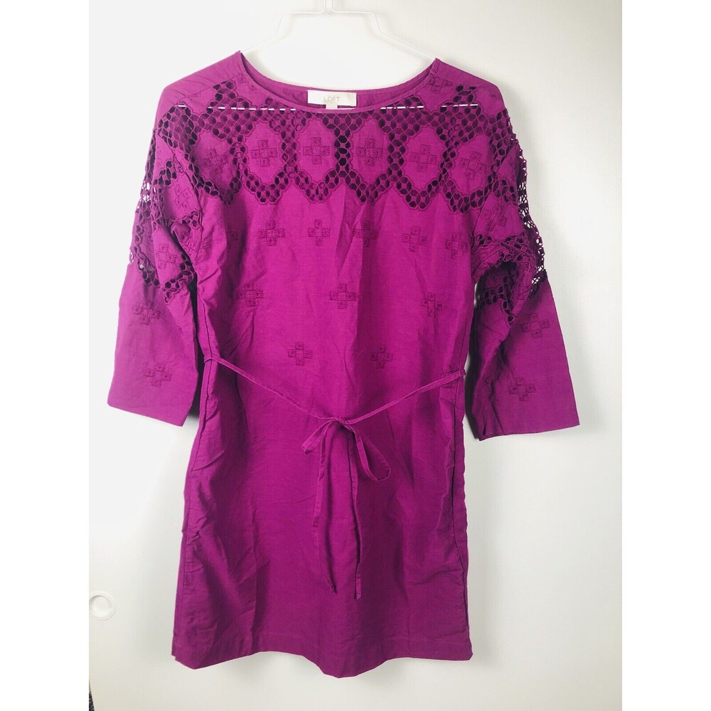 Ann Taylor LOFT Crochet Shift Dress Size M Purple Burgundy 100% Cotton